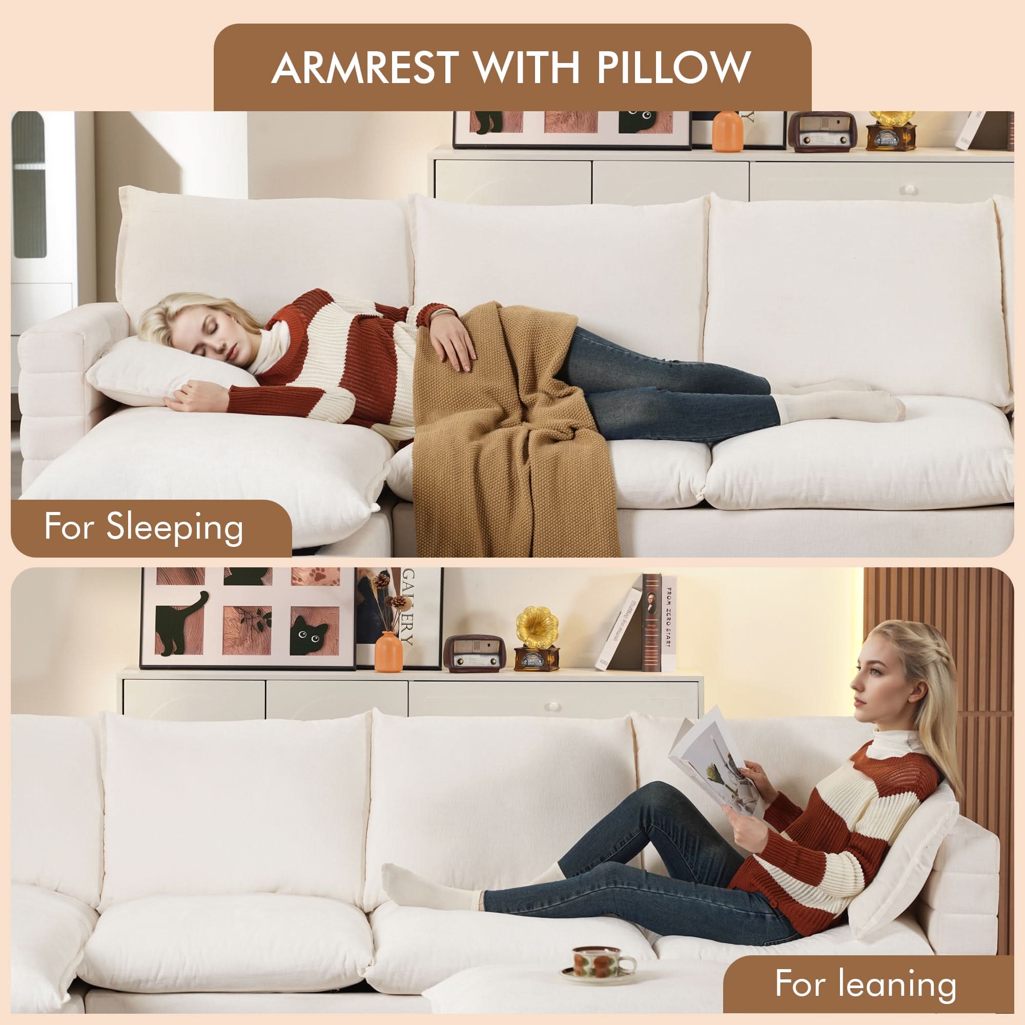 113.7" Modular Sectional Sofa Couch, U-Shaped Cloud Couches with Ottoman Chaise and Thick Cushions