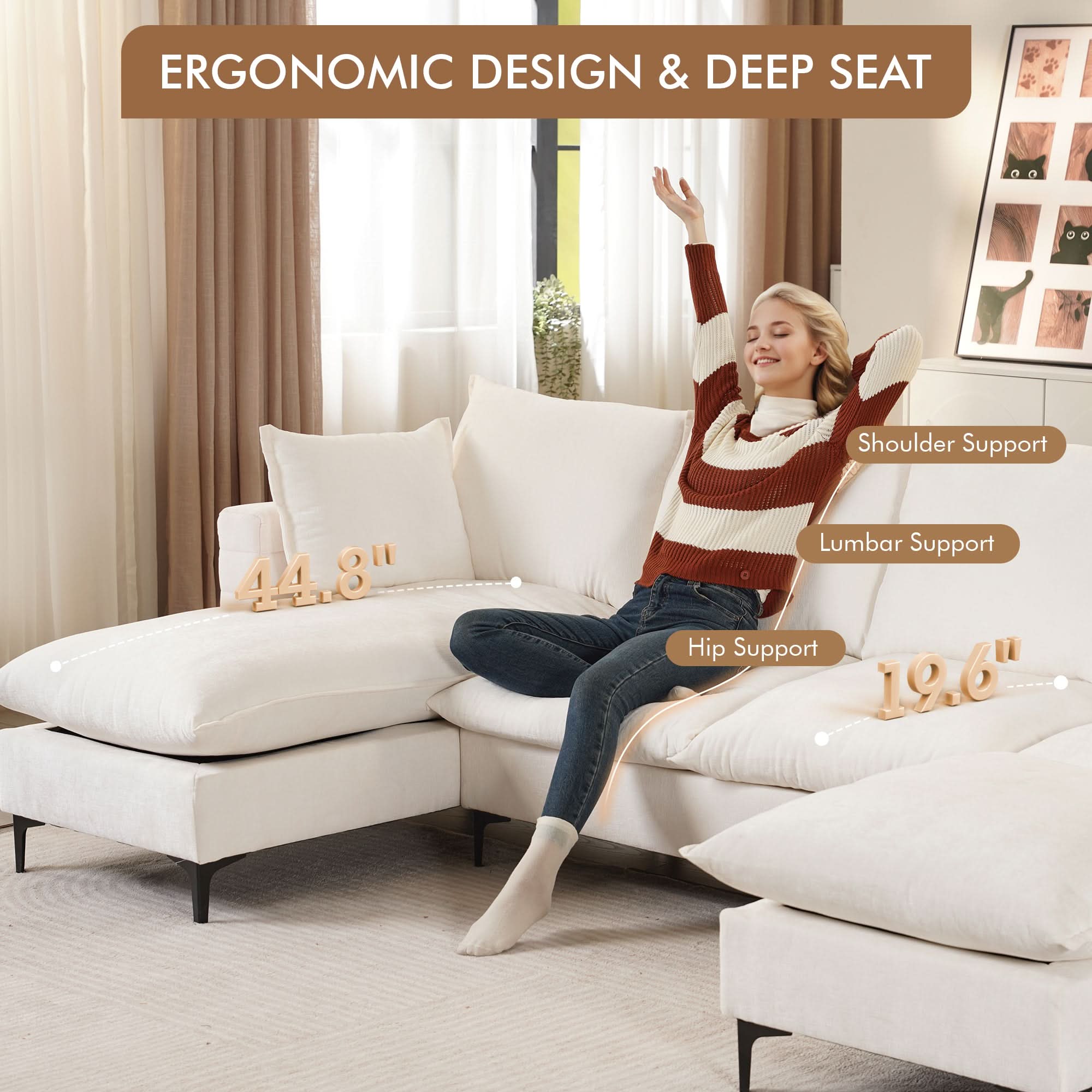 113.7" Modular Sectional Sofa Couch, U-Shaped Cloud Couches with Ottoman Chaise and Thick Cushions