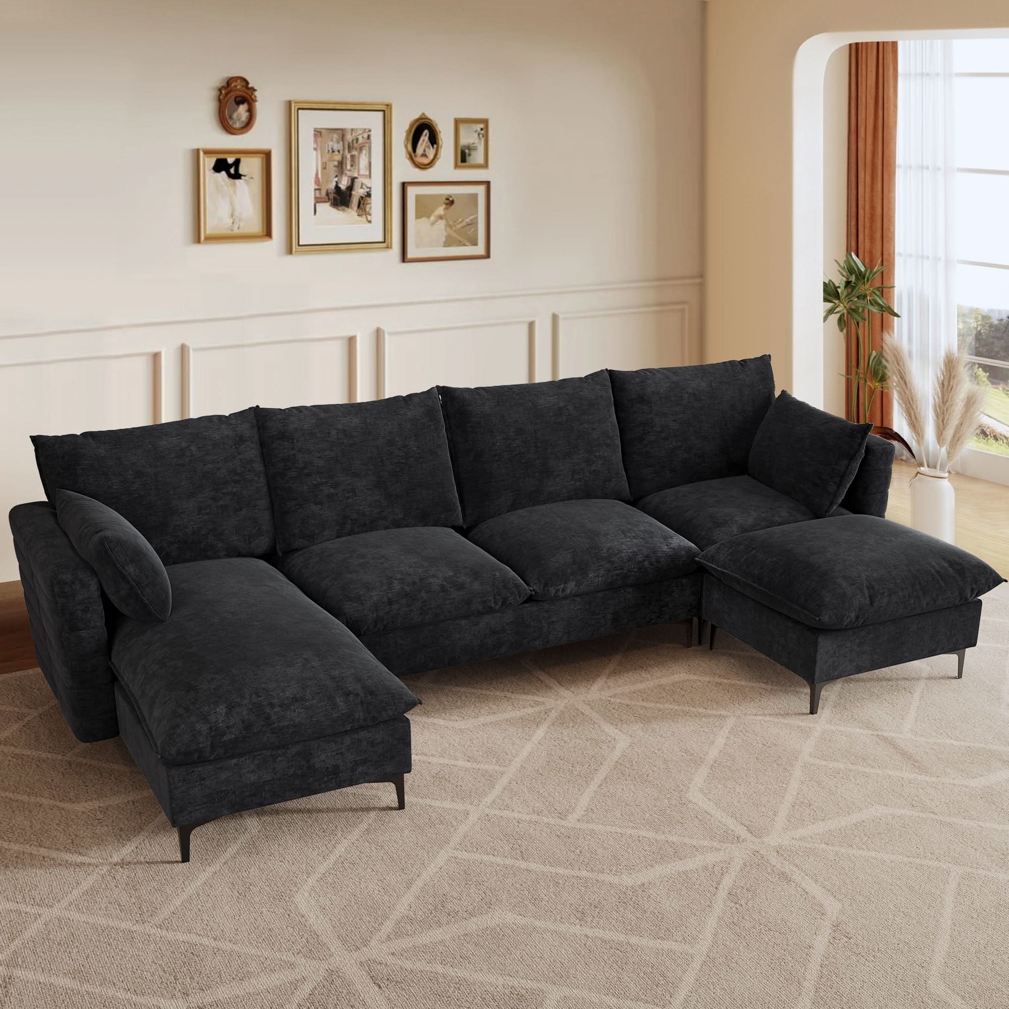 113.7" Modular Sectional Sofa Couch, U-Shaped Cloud Couches with Ottoman Chaise and Thick Cushions