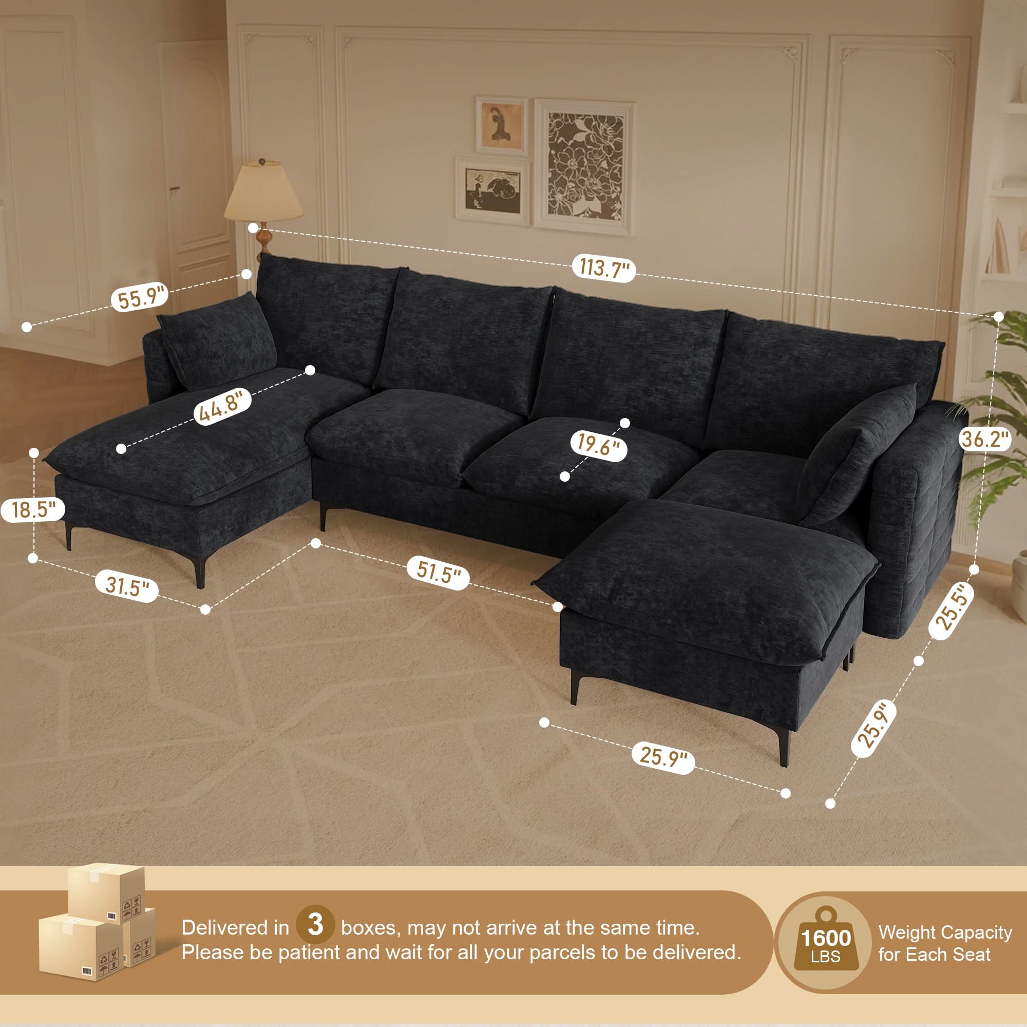 113.7" Modular Sectional Sofa Couch, U-Shaped Cloud Couches with Ottoman Chaise and Thick Cushions
