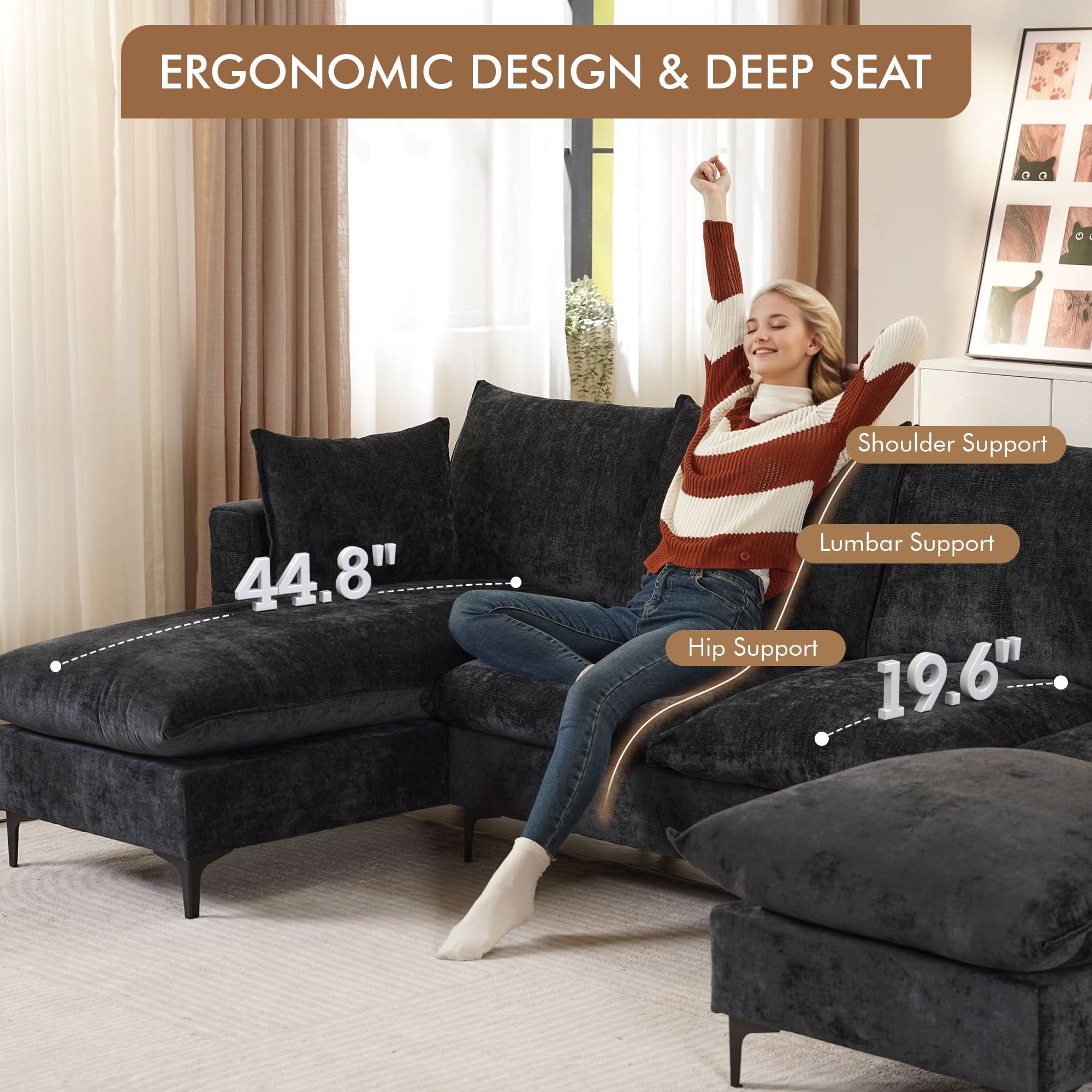 113.7" Modular Sectional Sofa Couch, U-Shaped Cloud Couches with Ottoman Chaise and Thick Cushions