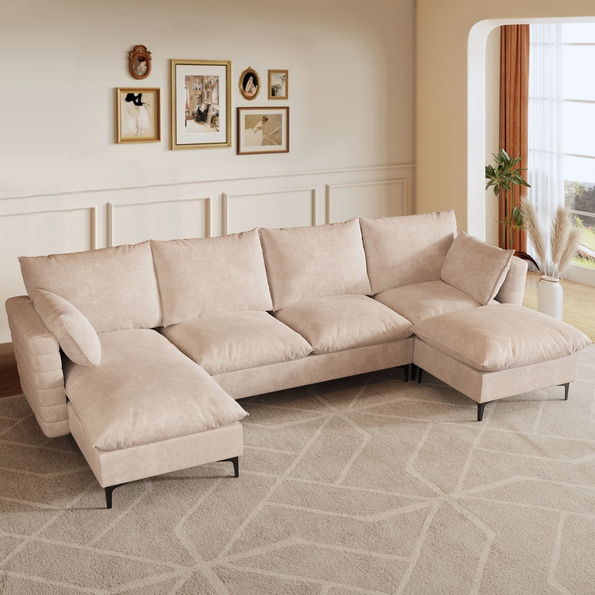 113.7" Modular Sectional Sofa Couch, U-Shaped Cloud Couches with Ottoman Chaise and Thick Cushions