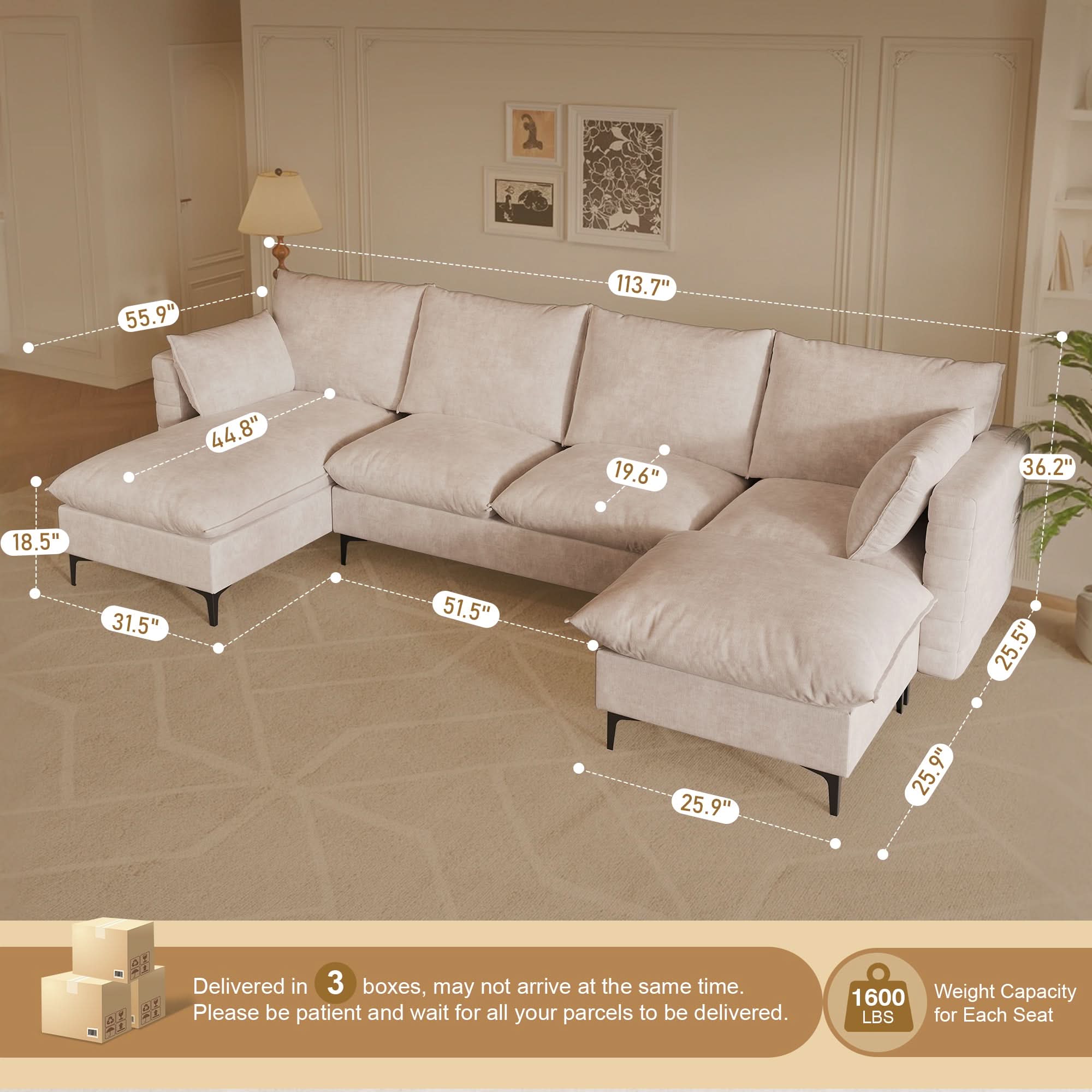113.7" Modular Sectional Sofa Couch, U-Shaped Cloud Couches with Ottoman Chaise and Thick Cushions