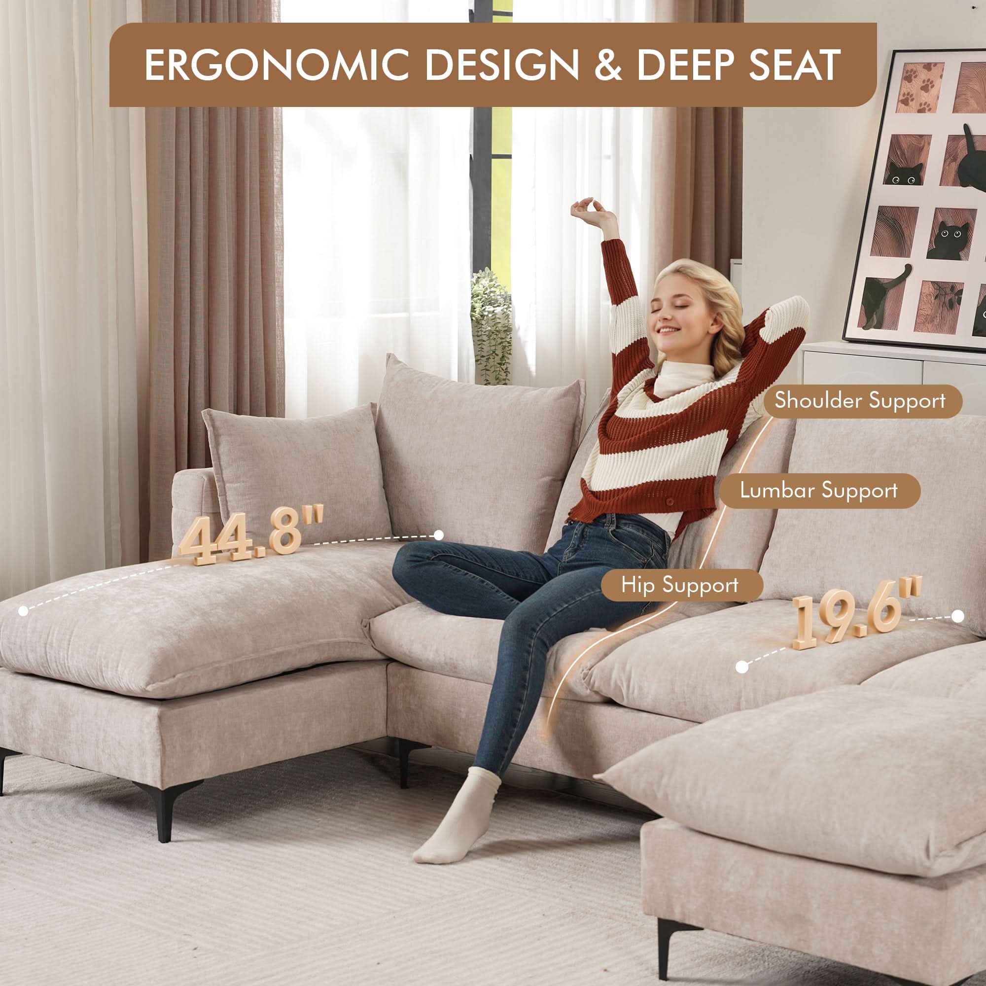 113.7" Modular Sectional Sofa Couch, U-Shaped Cloud Couches with Ottoman Chaise and Thick Cushions