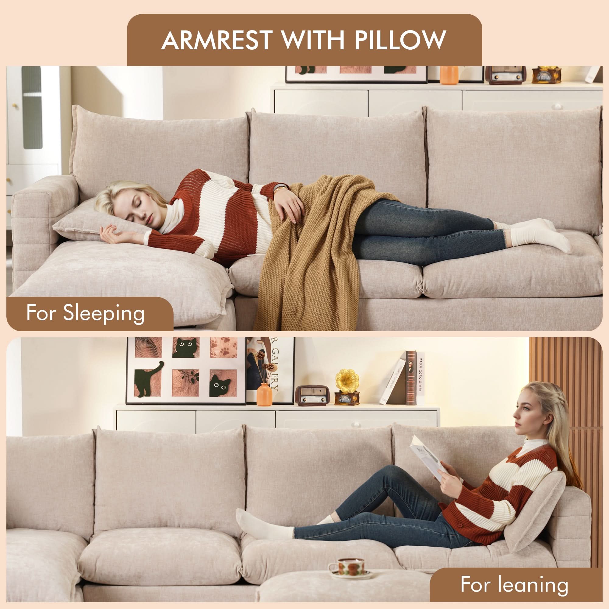 113.7" Modular Sectional Sofa Couch, U-Shaped Cloud Couches with Ottoman Chaise and Thick Cushions