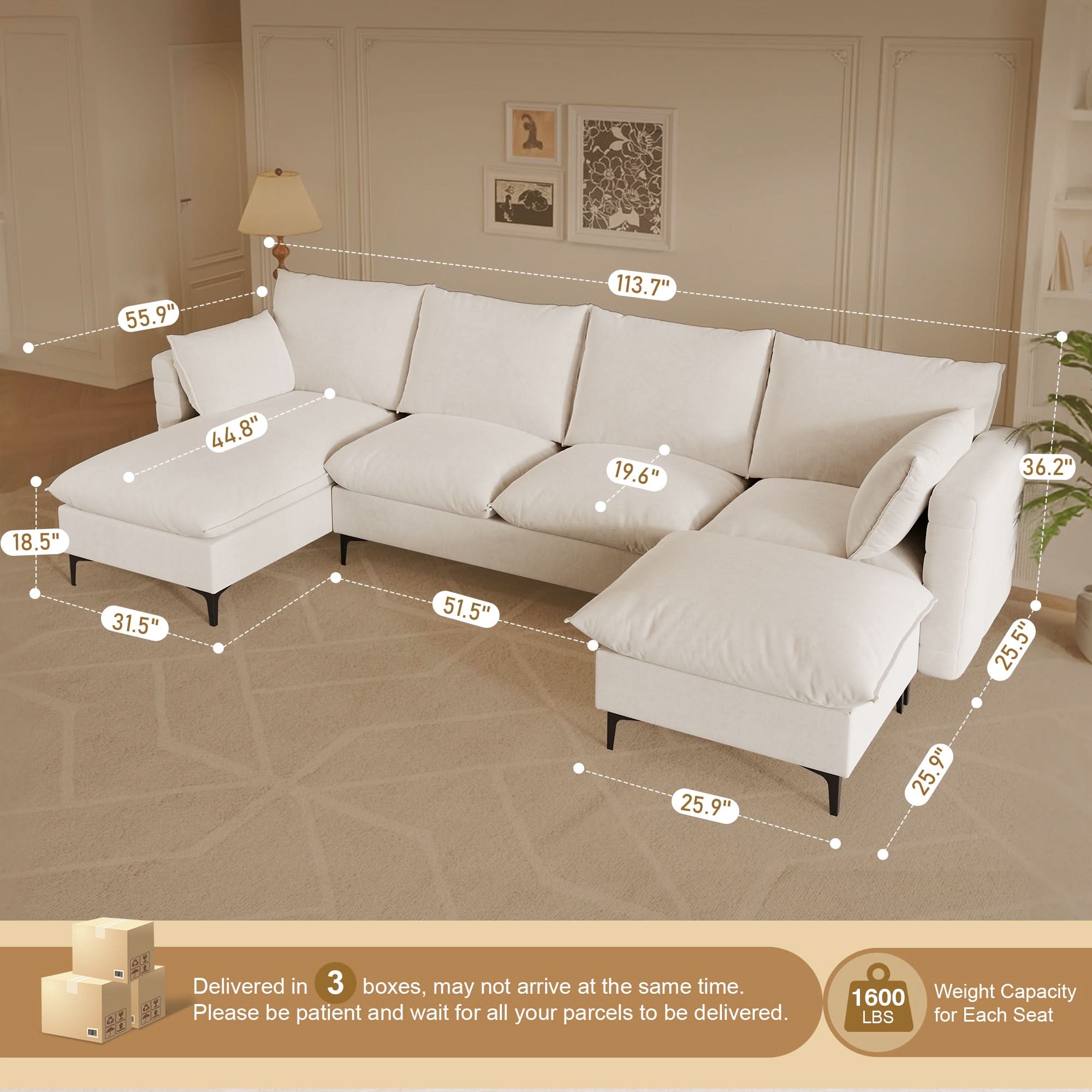 113.7" Modular Sectional Sofa Couch, U-Shaped Cloud Couches with Ottoman Chaise and Thick Cushions