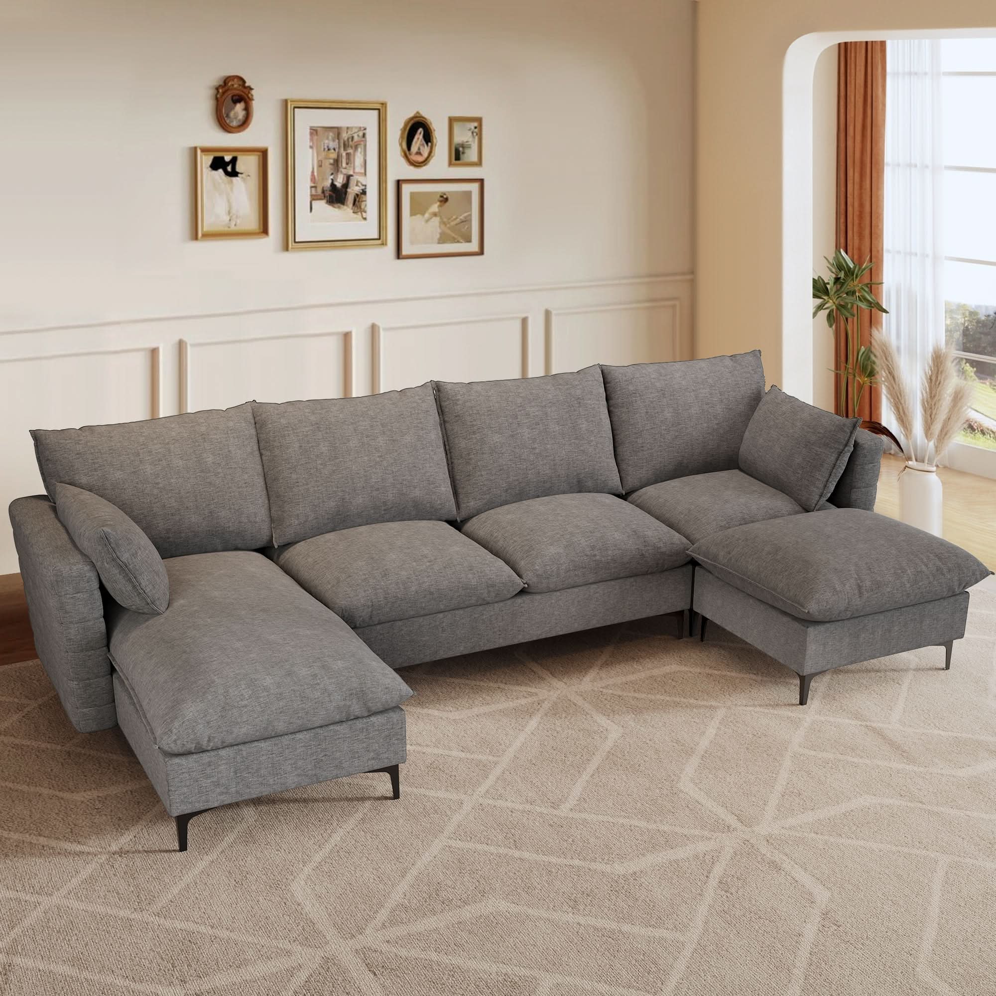 113.7" Modular Sectional Sofa Couch, U-Shaped Cloud Couches with Ottoman Chaise and Thick Cushions