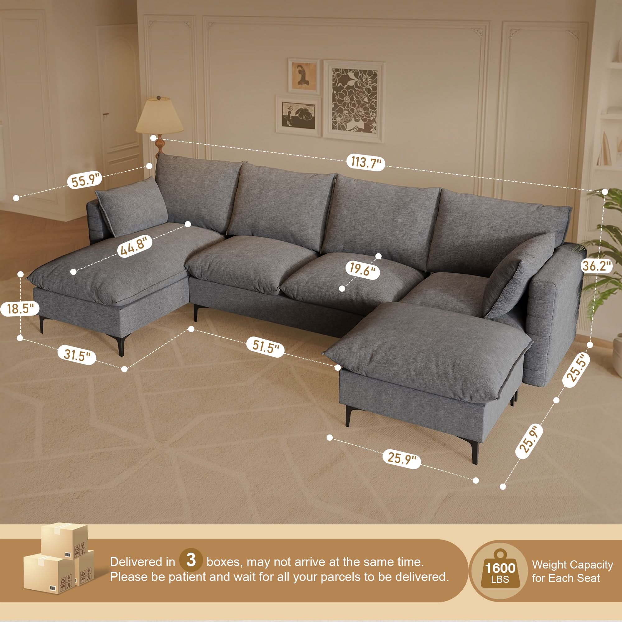 113.7" Modular Sectional Sofa Couch, U-Shaped Cloud Couches with Ottoman Chaise and Thick Cushions