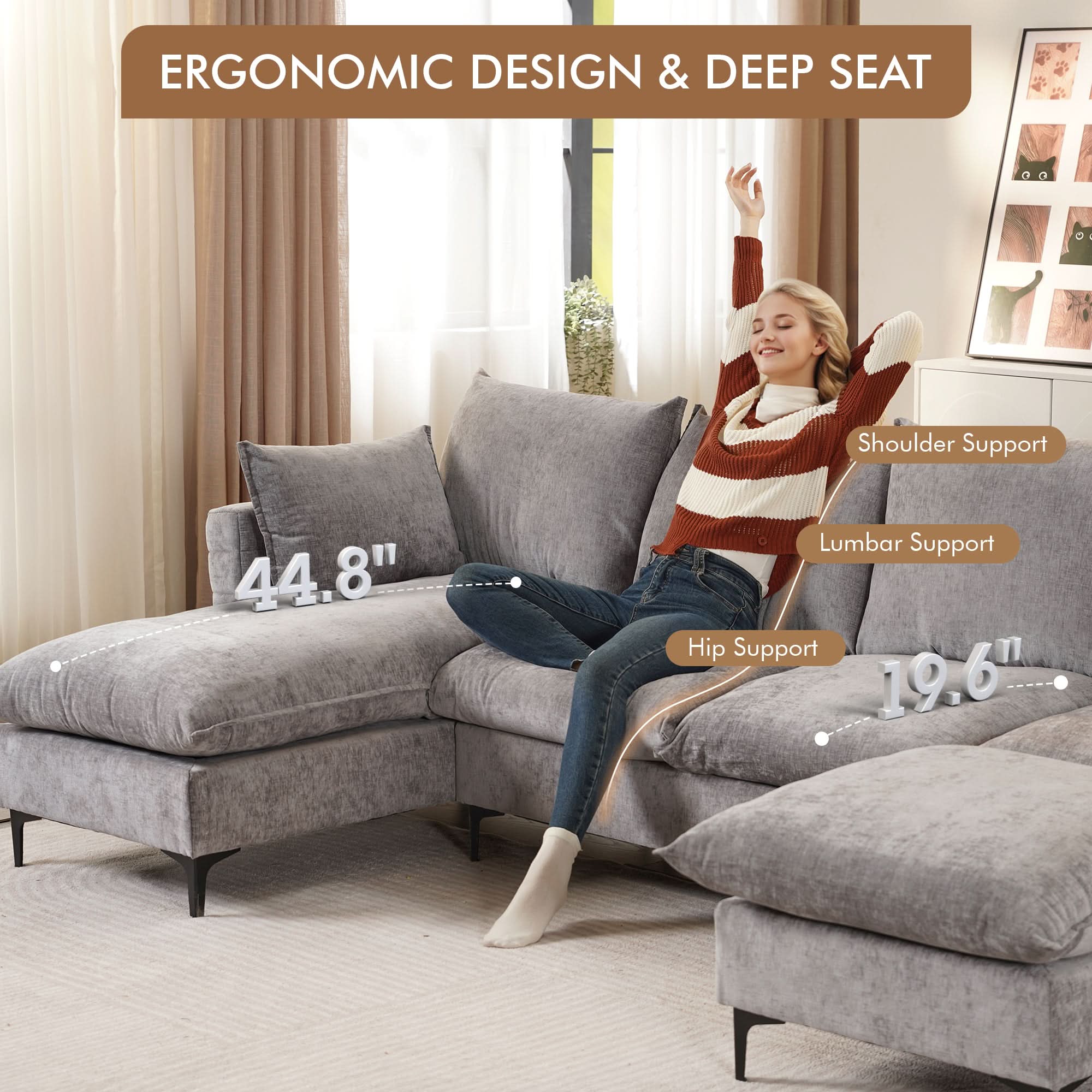 113.7" Modular Sectional Sofa Couch, U-Shaped Cloud Couches with Ottoman Chaise and Thick Cushions