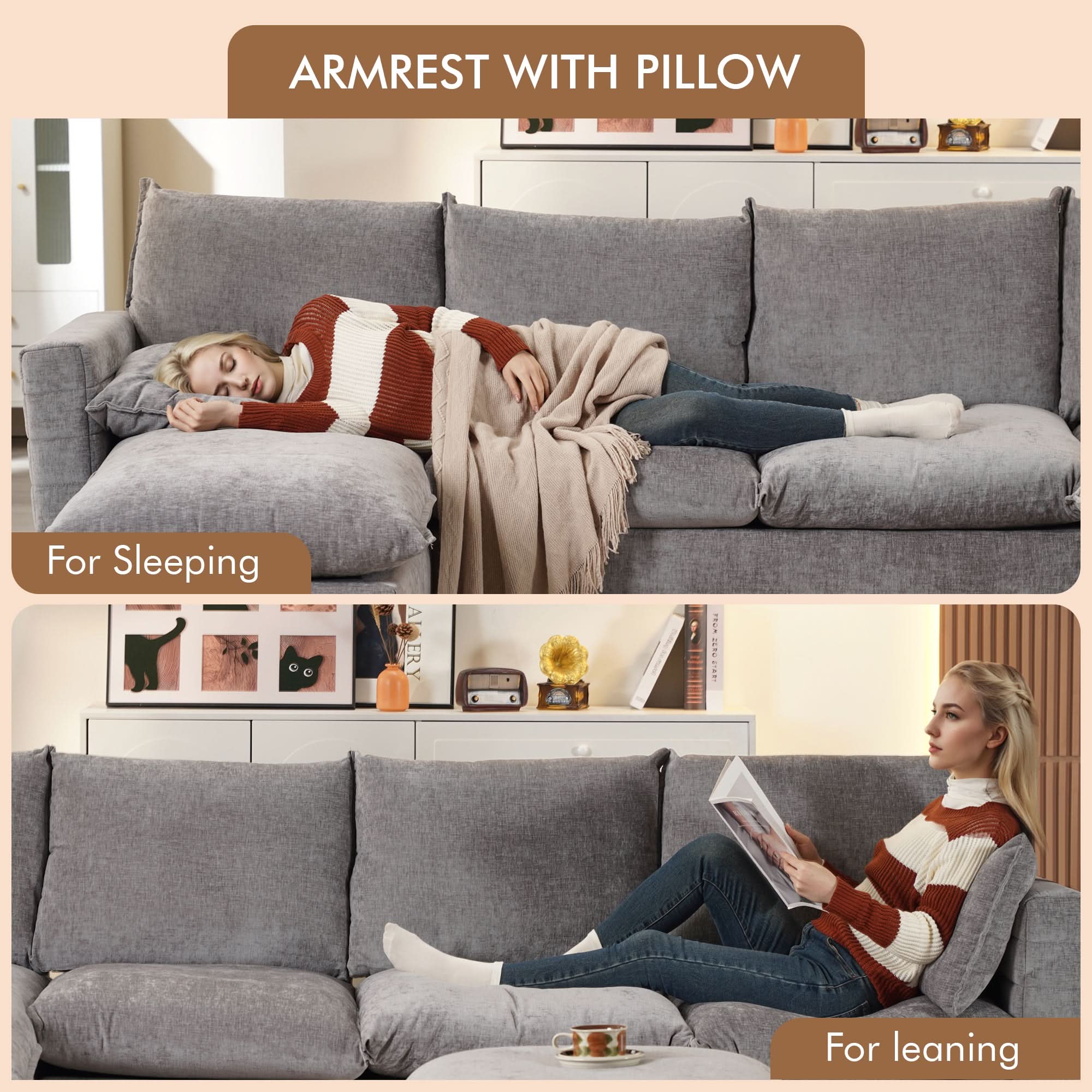113.7" Modular Sectional Sofa Couch, U-Shaped Cloud Couches with Ottoman Chaise and Thick Cushions