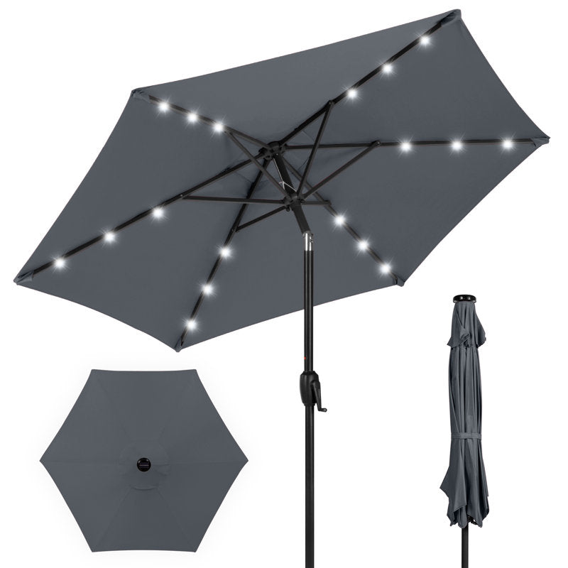 7.5Ft Outdoor Solar Patio Umbrella For Deck, Pool W/ Tilt, Crank, LED Lights