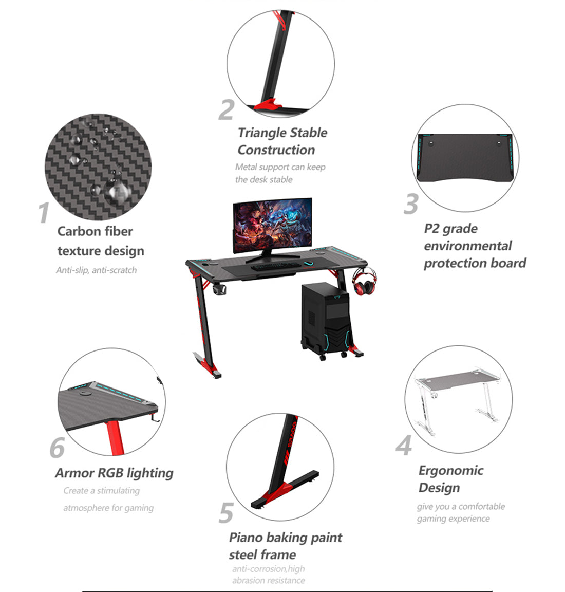 Gaming Desk Computer Table with RGB Lighting, Cup Holder and Headphone Hook - Odyssey8