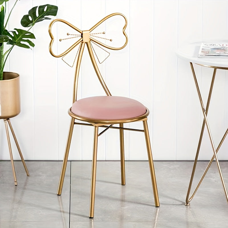 Golden Metal Makeup Vanity Chair with Velvet Cushion &amp; Bow Knot Backrest