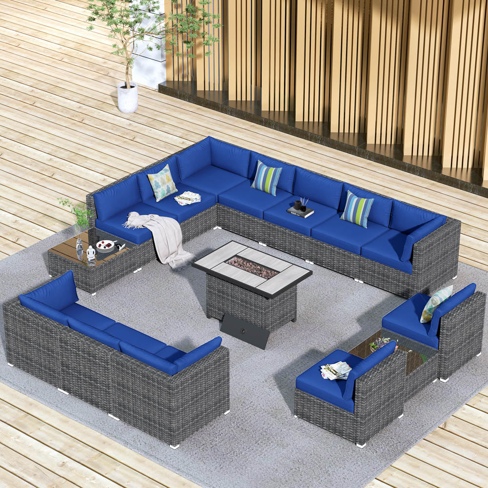 Patio Furniture Set 15-Piece with 42.12’’ Fire Pit and Glass Table