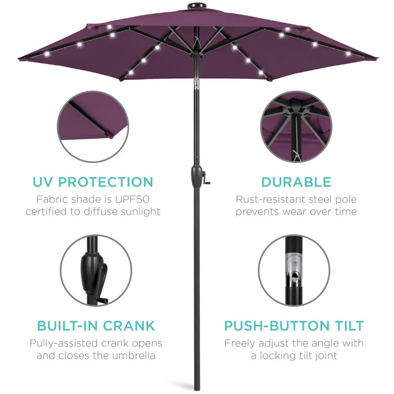 7.5Ft Outdoor Solar Patio Umbrella For Deck, Pool W/ Tilt, Crank, LED Lights