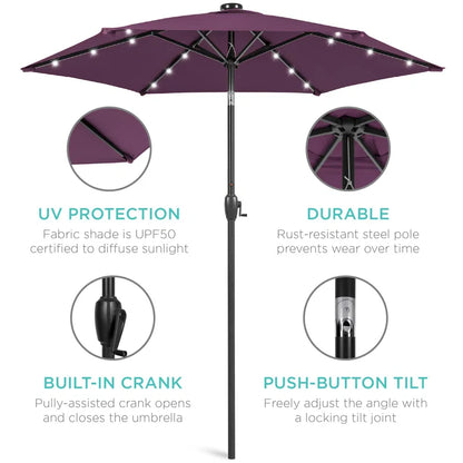 7.5Ft Outdoor Solar Patio Umbrella For Deck, Pool W/ Tilt, Crank, LED Lights