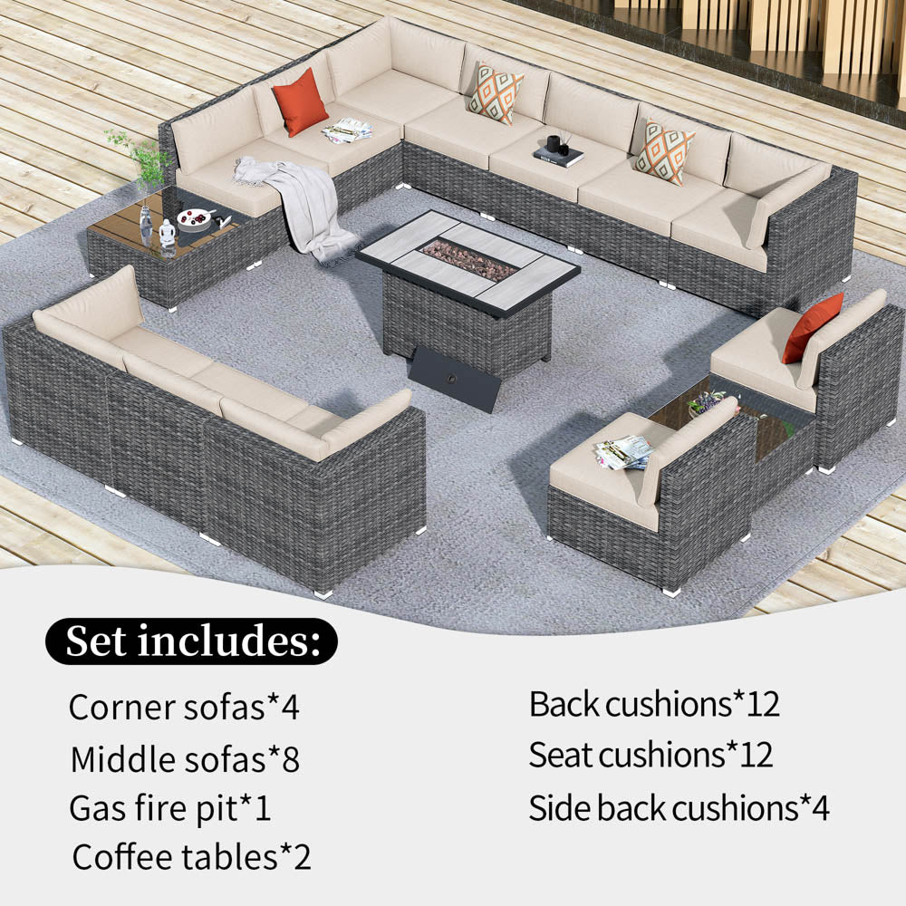 Patio Furniture Set 15-Piece with 42.12’’ Fire Pit and Glass Table