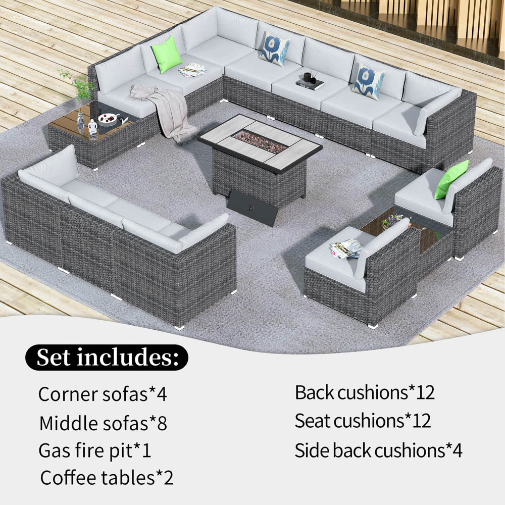 Patio Furniture Set 15-Piece with 42.12’’ Fire Pit and Glass Table