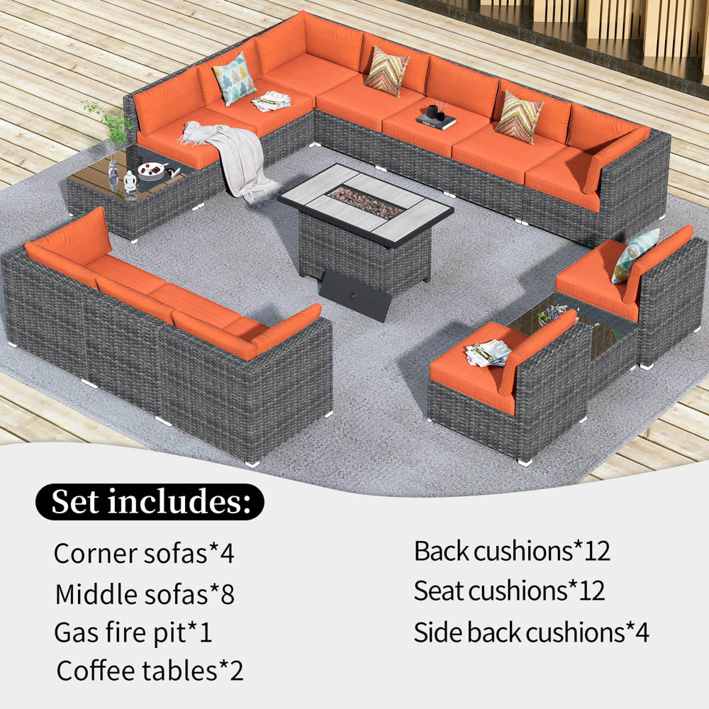 Patio Furniture Set 15-Piece with 42.12’’ Fire Pit and Glass Table