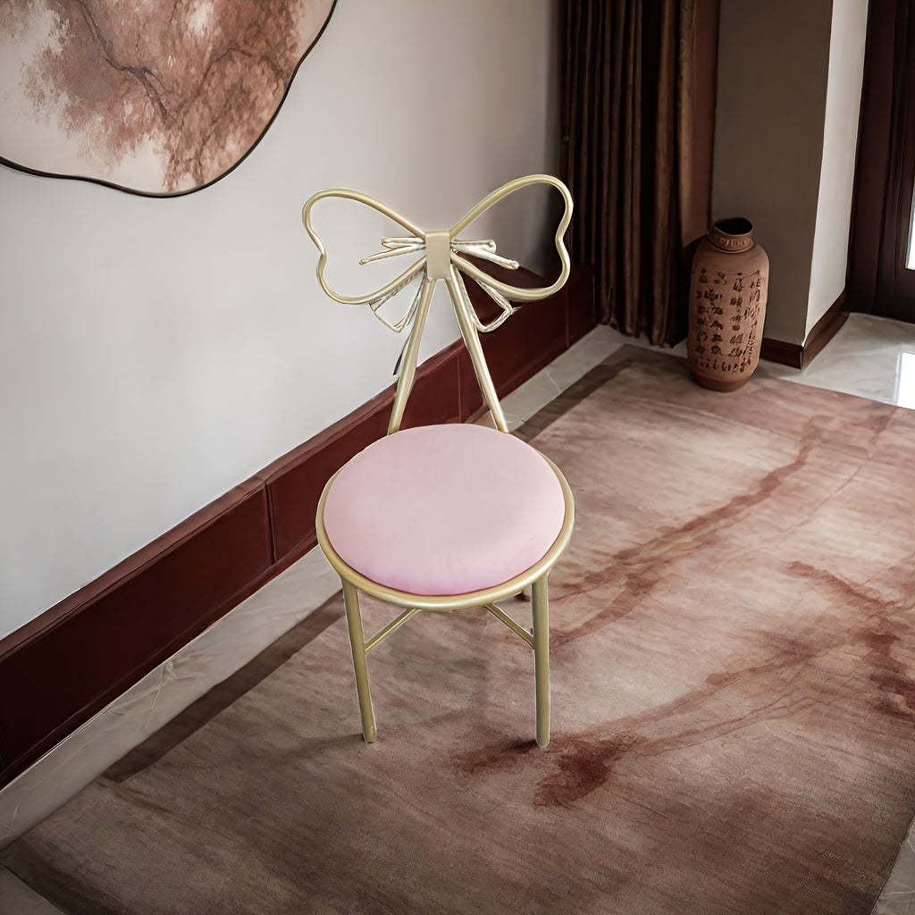 Golden Metal Makeup Vanity Chair with Velvet Cushion &amp; Bow Knot Backrest