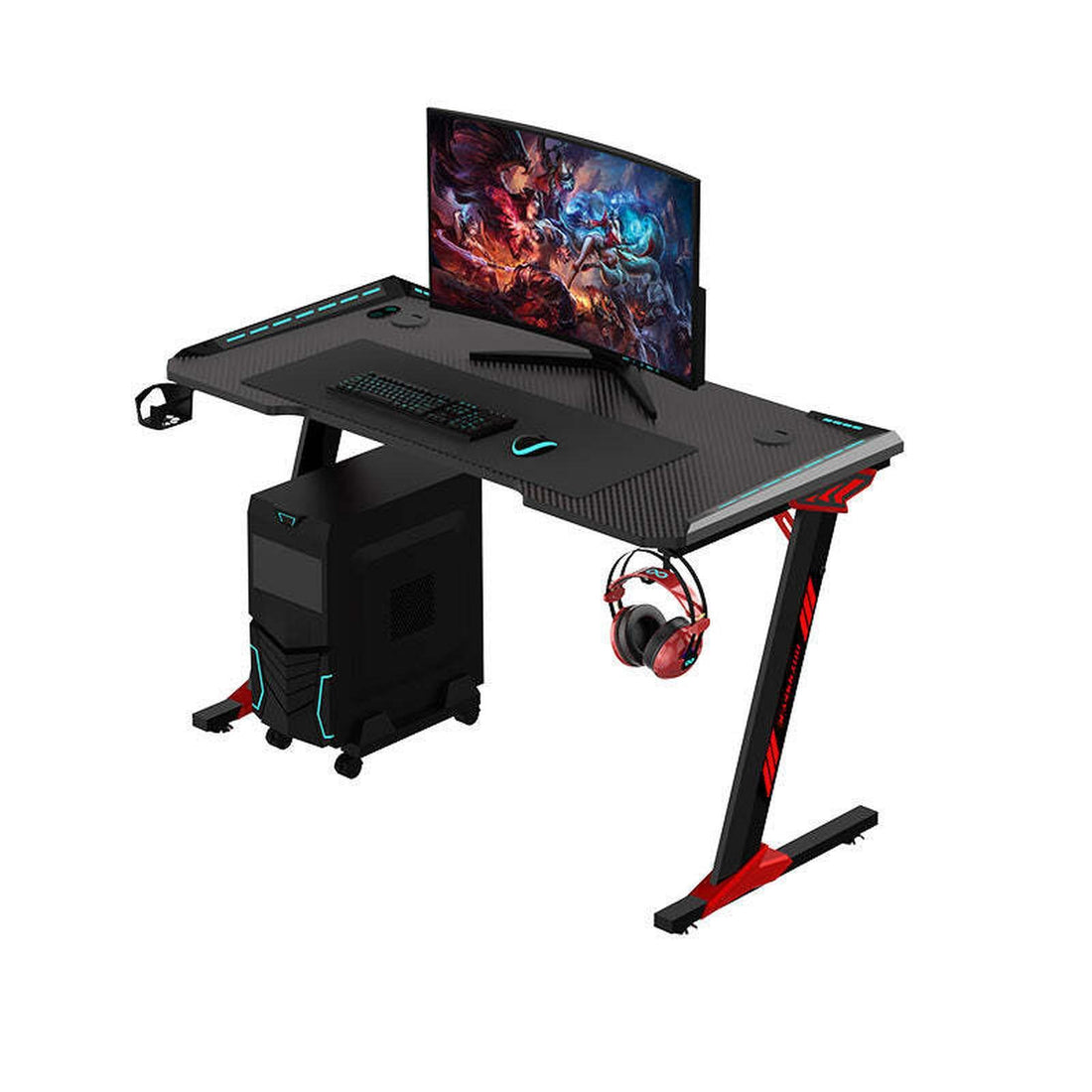 1.4m Gaming Desk Office Table Desktop with LED light &amp; Effects - Black