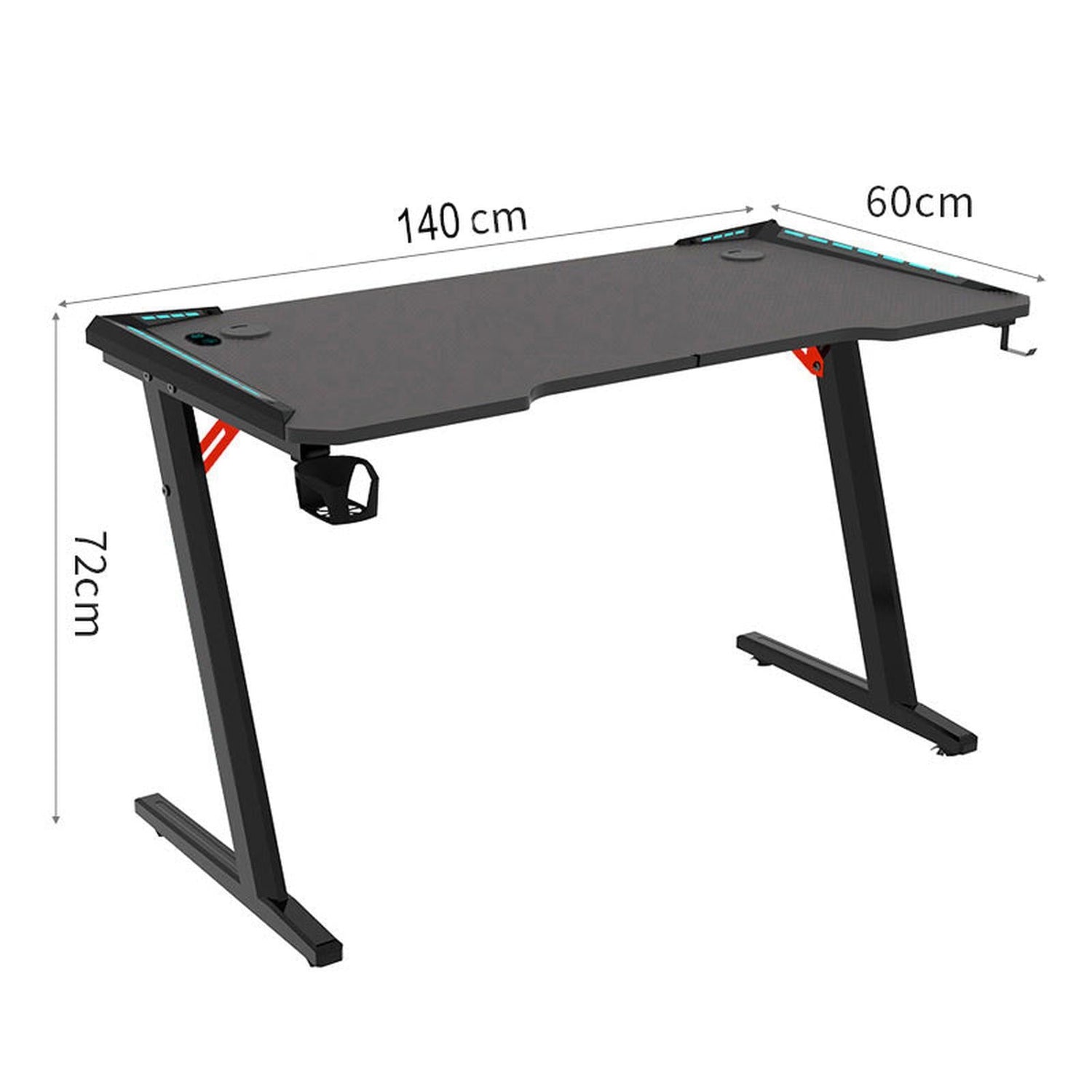 1.4m Gaming Desk Office Table Desktop with LED light &amp; Effects - Black