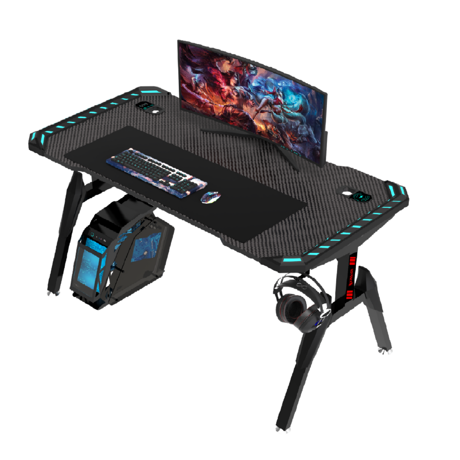 1.2m Gaming Desk Office Table Desktop with LED Feature Light and USB &amp; Wireless Charger - Black