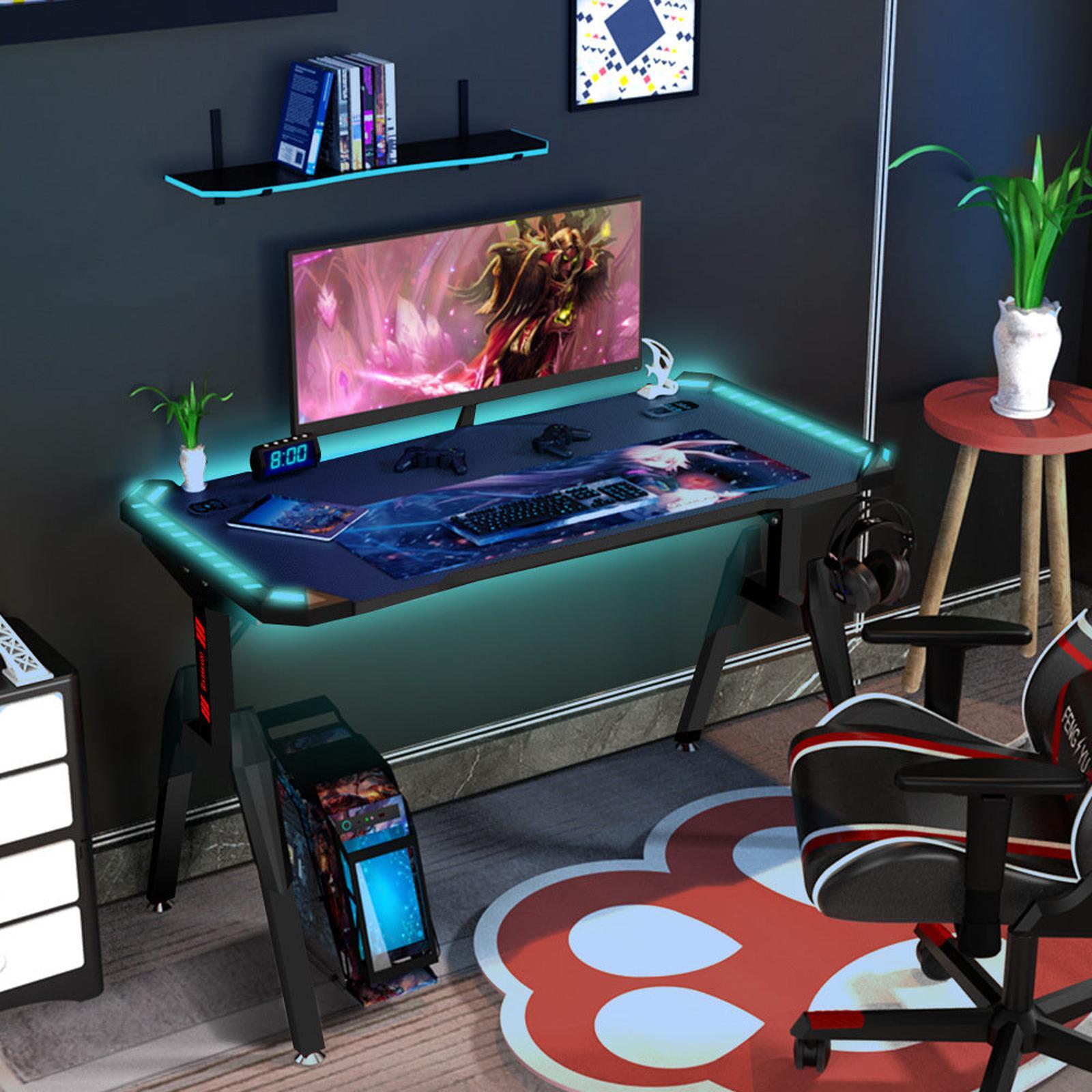 1.2m Gaming Desk Office Table Desktop with LED Feature Light and USB &amp; Wireless Charger - Black