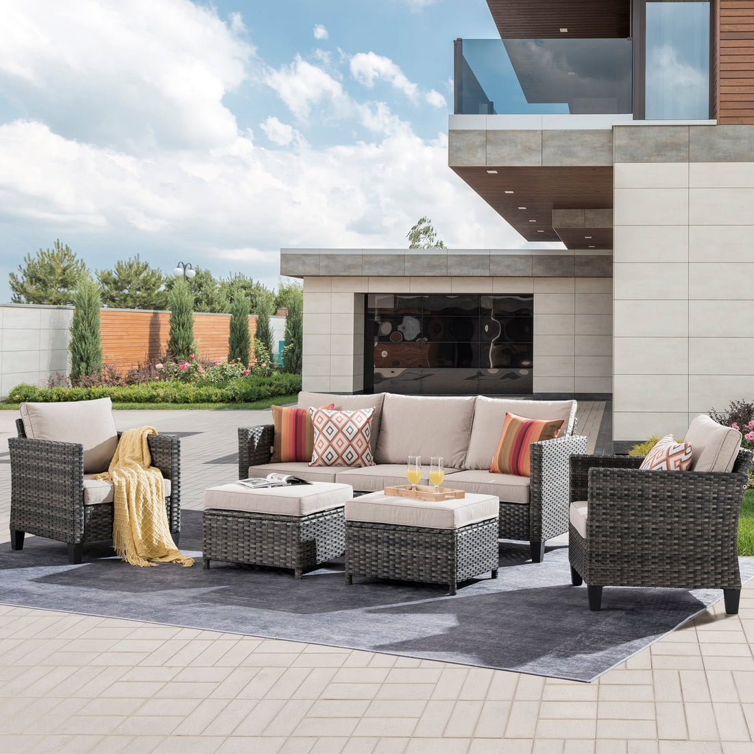 Outdoor Patio Conversation Set New Vultros 5-Piece High Back Sofa Set with Cushions