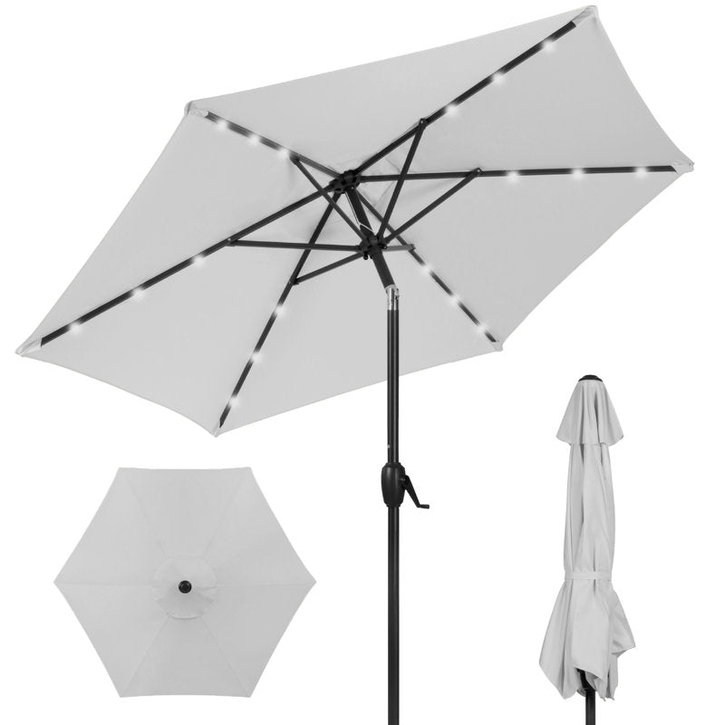 Sheldon 7.5Ft Outdoor Solar Patio Umbrella For Deck, Pool W/ Tilt, Crank, LED Lights