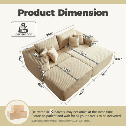 80&quot;Modular Couch with Chaise&amp;Ottoman, Sleeper Sofa, No Assembly Required