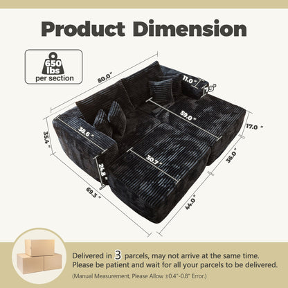 80&quot;Modular Couch with Chaise&amp;Ottoman, Sleeper Sofa, No Assembly Required