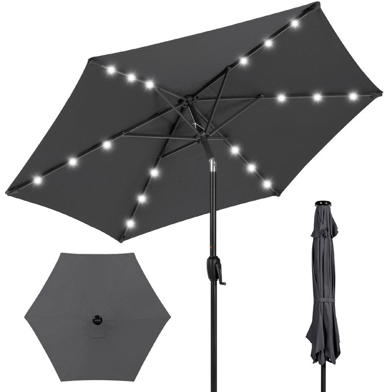 Sheldon 7.5Ft Outdoor Solar Patio Umbrella For Deck, Pool W/ Tilt, Crank, LED Lights