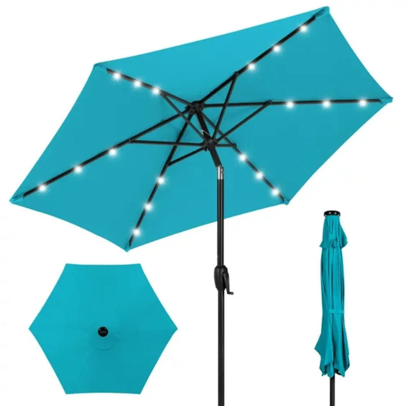 Sheldon 7.5Ft Outdoor Solar Patio Umbrella For Deck, Pool W/ Tilt, Crank, LED Lights