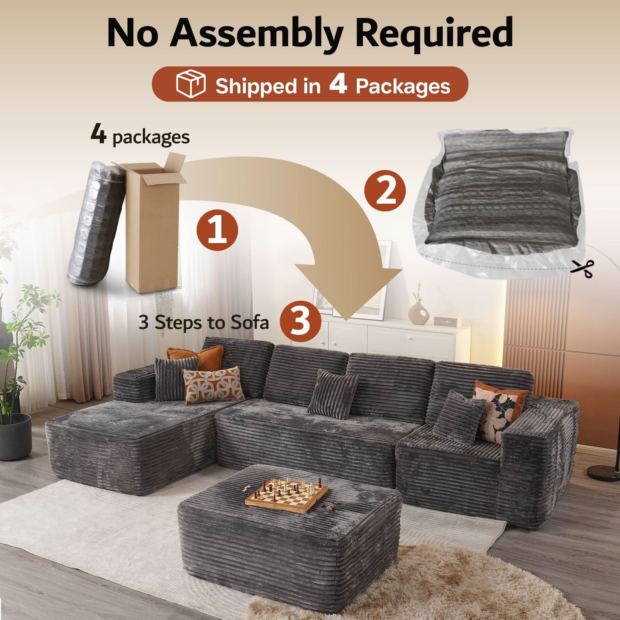 Sectional Cloud Couch for Living Room, Modular Floor Sofa with Plush Corduroy, No Assembly Required