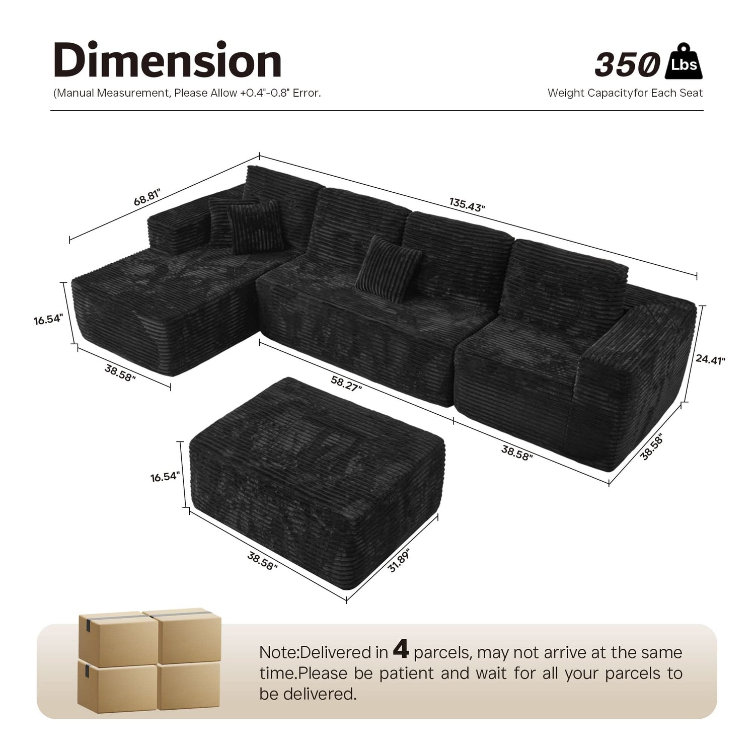 Sectional Cloud Couch for Living Room, Modular Floor Sofa with Plush Corduroy, No Assembly Required