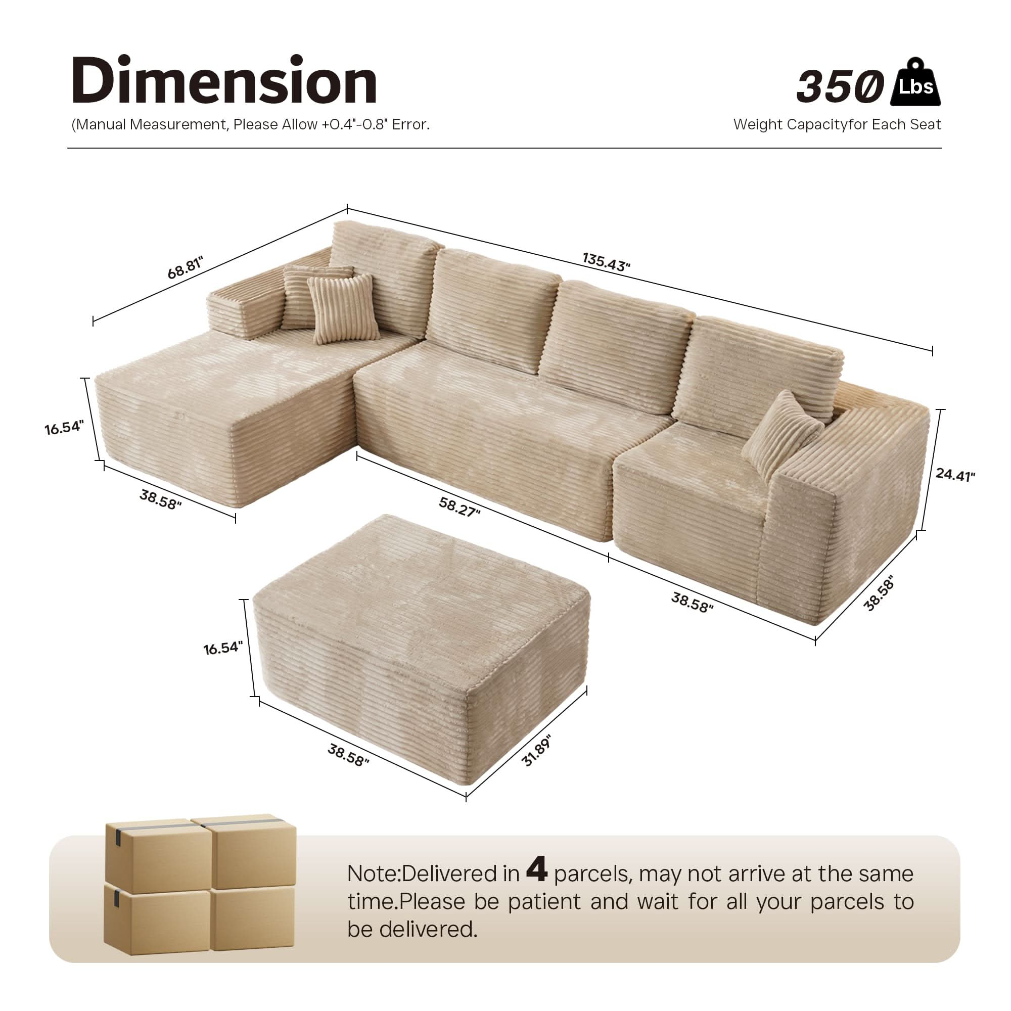 Sectional Cloud Couch for Living Room, Modular Floor Sofa with Plush Corduroy, No Assembly Required