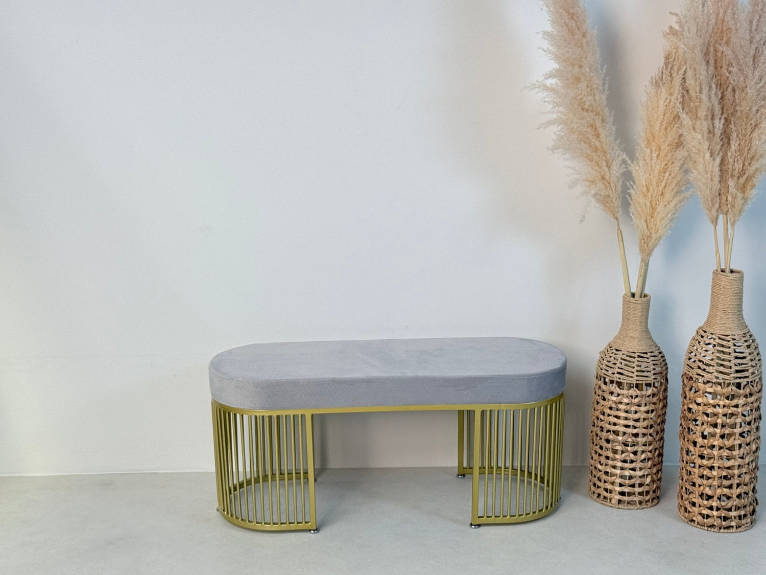 Serena Bench Luxury Gray Velvet Bench – Gold Metal Base