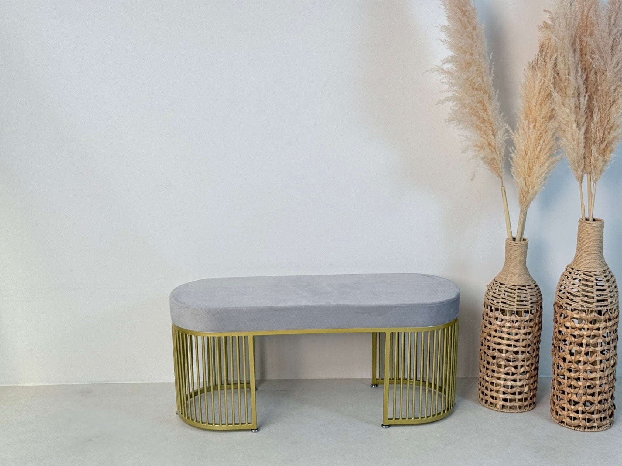 Serena Bench Luxury Gray Velvet Bench – Gold Metal Base