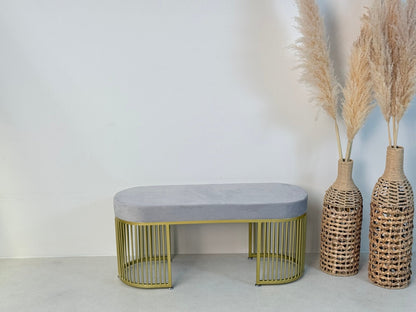 Serena Bench Luxury Gray Velvet Bench – Gold Metal Base