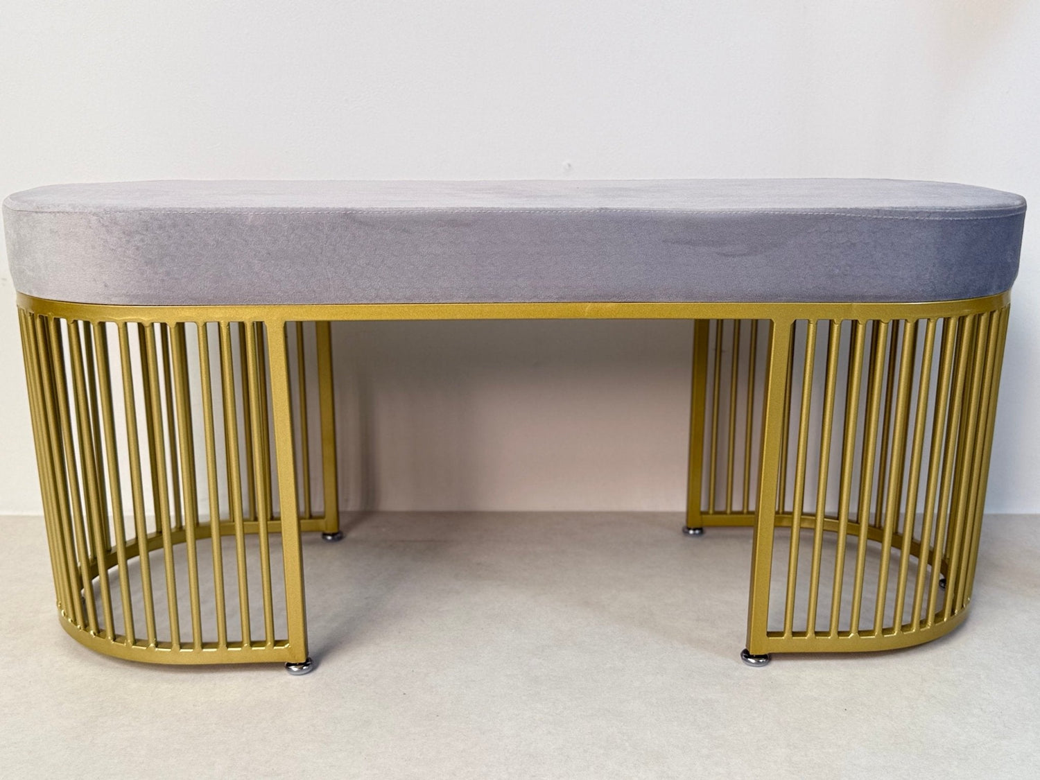 Serena Bench Luxury Gray Velvet Bench – Gold Metal Base