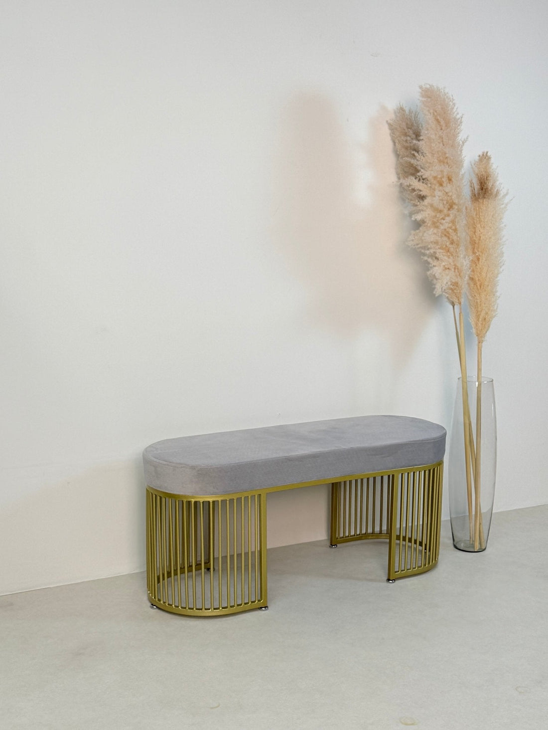 Serena Bench Luxury Gray Velvet Bench – Gold Metal Base