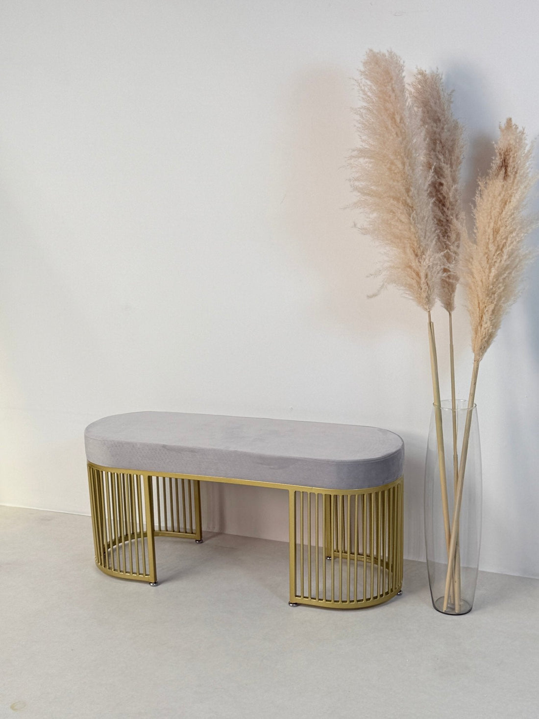 Serena Bench Luxury Gray Velvet Bench – Gold Metal Base